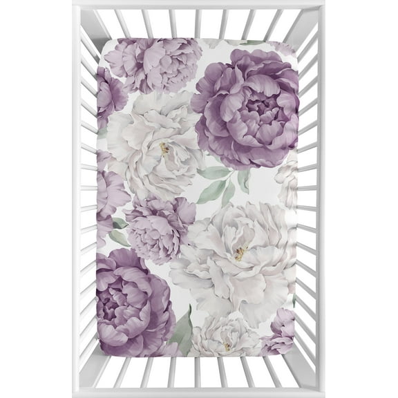 Sweet Jojo Designs Peony Floral Garden Purple Ivory Mini Fitted Crib Sheet