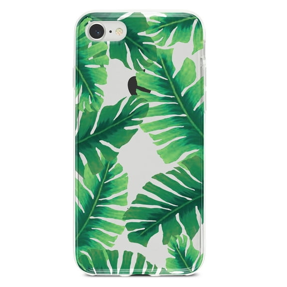 DistinctInk Clear Shockproof Hybrid Case for iPhone 7 8 SE (2020 Model) 4.7" Screen TPU Bumper Acrylic Back Tempered Glass Screen Protector - Tropical Banana Leaves