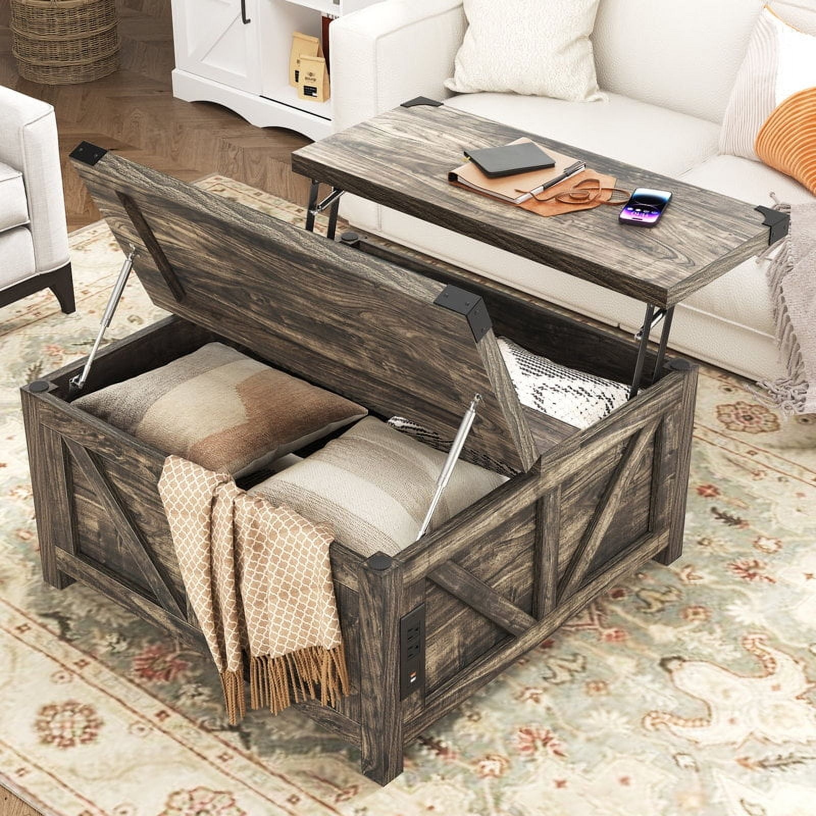 35.6" Lift Top Coffee Table with Storage, Farmhouse Square Coffee Table with Charging Ports, Wood Center Table w/Large Hidden Space for Living Room Home Office,Dark Grey