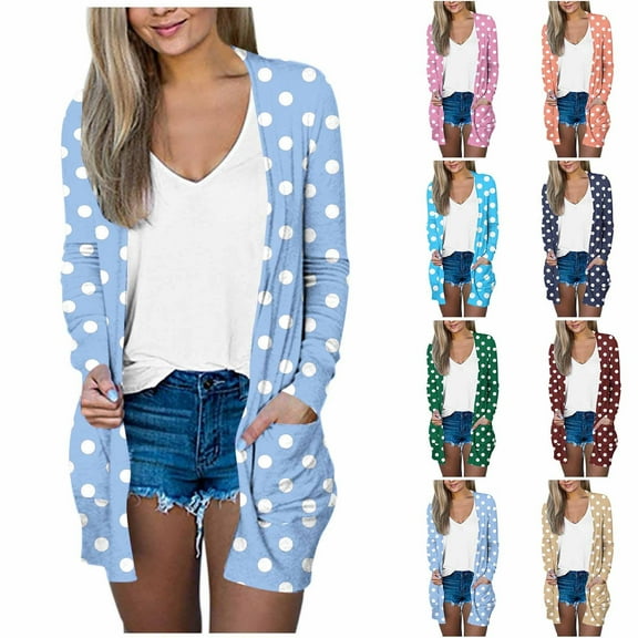Meichang Cardigans for Women Trendy Fall Open Front Cardigan Polka Dot Print Long Sleeve Light Weight Cardigans Loose Fit Pockets Fall Cardigan