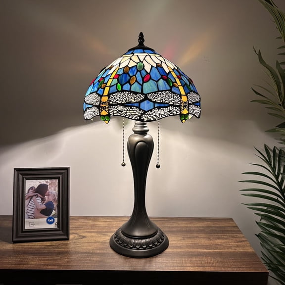 Tiffany Table Lamp Dragonfly Blue Stained Glass Included LED Bulbs for Living Room Bedroom Bedside 12"W*12"D*22"H