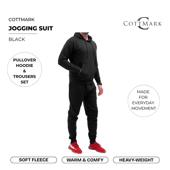 Cottmark Men’s Tracksuit, Pullover Hoodie & Joggers Set, Black, Size S
