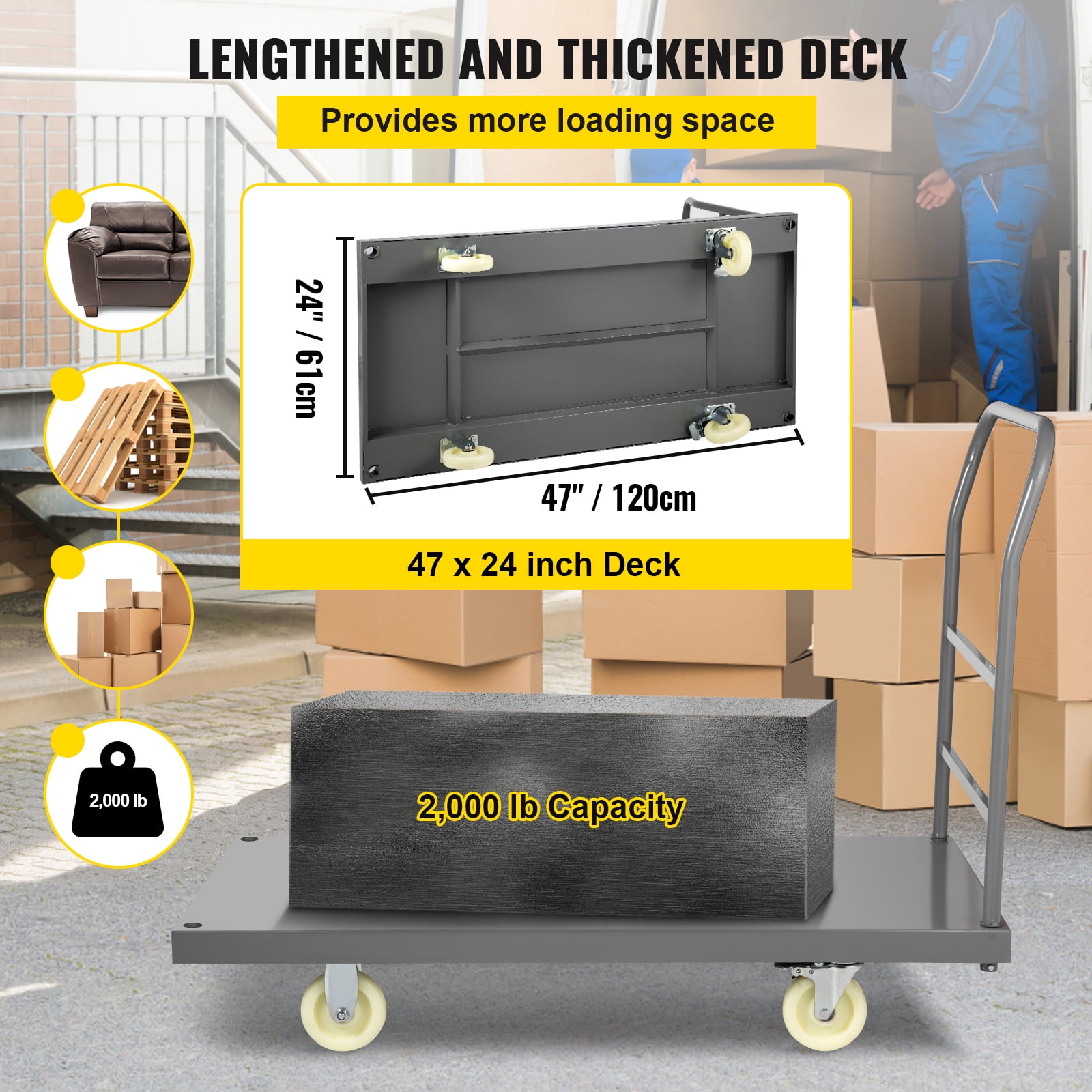 VEVOR Platform Truck, 2000 lbs Capacity Steel flatbed Cart, 47" Length x 24" Width x 32" Height Flat Dolly, Hand Trucks with 5" Nylon Casters, Heavy-Duty Utility Push Carts for Luggage Moving