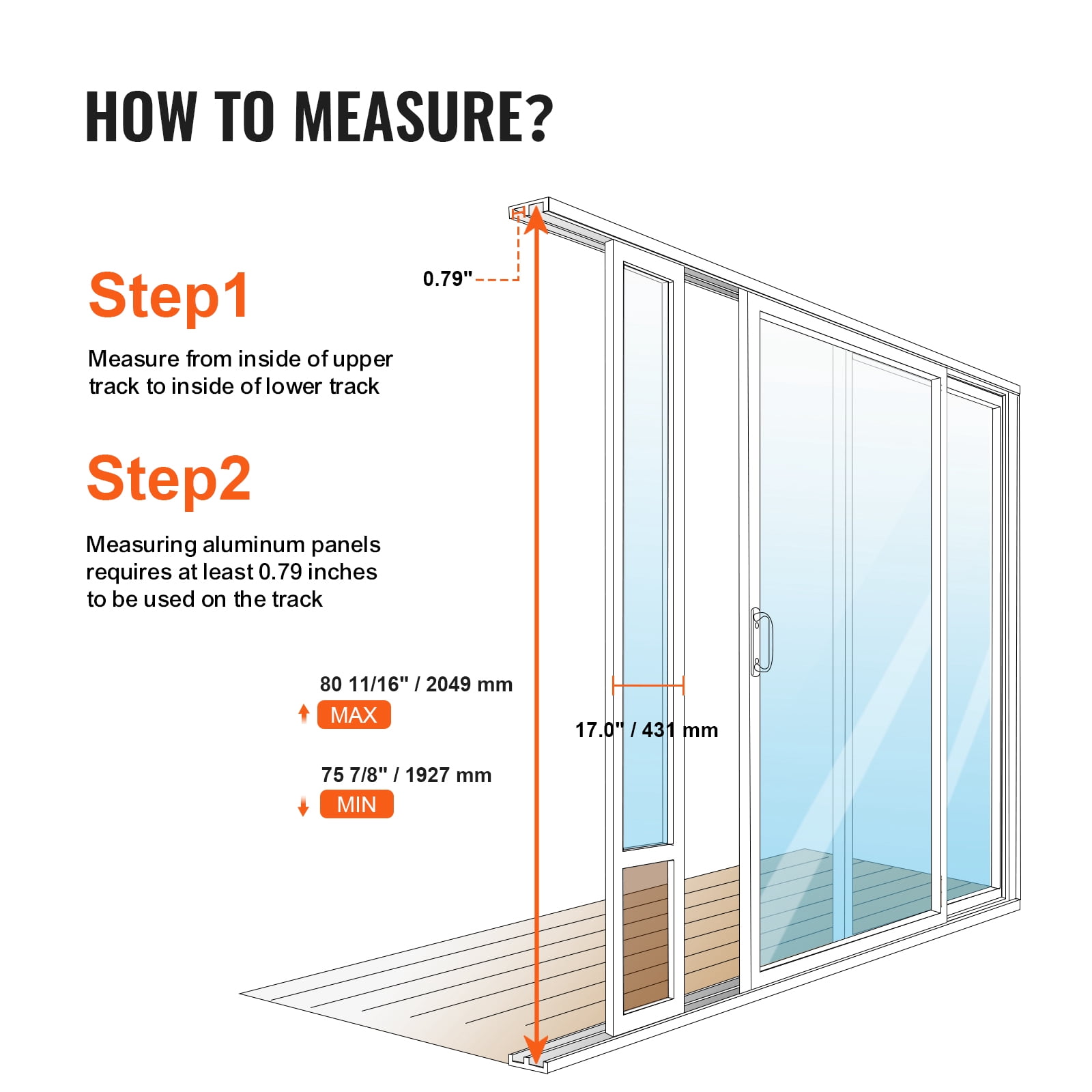 VEVOR Dog Door for Sliding Glass Door, 75 7/8"-80 11/16" Adjustable Height Doggy Door for Sliding Doors, Aluminum Frame Tempered Glass Pet Door with Hinge Structure Flap and Lock for Large-Sized Dogs