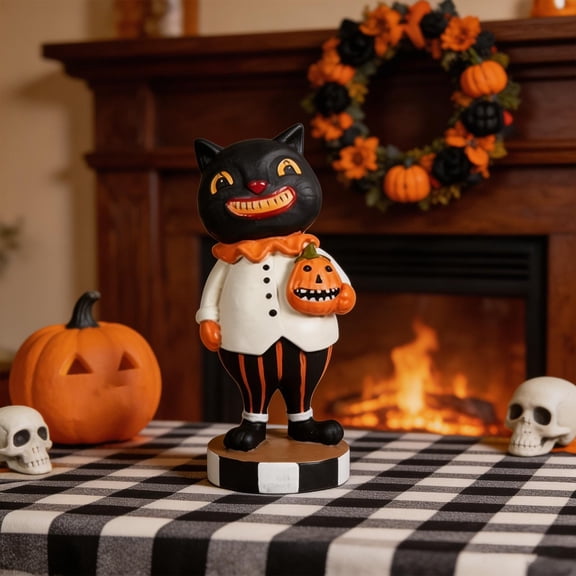 Halloween Decoration,Mini Resin Pumpkin Black Cat Figurine,Cute Desktop Decor for Home,Office,Mantle,Shelf Sitter Decorations Gift