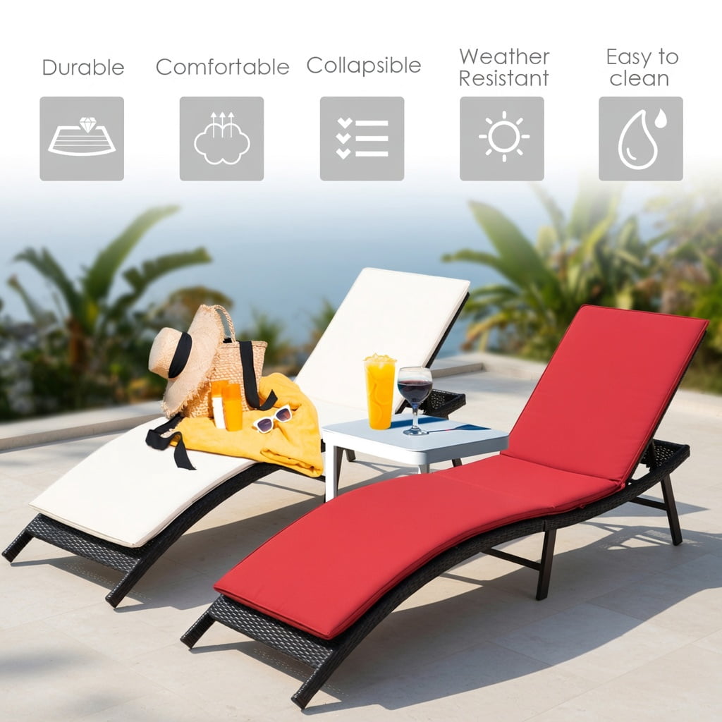 Hommoo 2-Pack Foldable Outdoor Chaise Lounge Chairs with Cushions, PE Rattan & Steel Frame, Poolside Patio Beach Loungers, Red