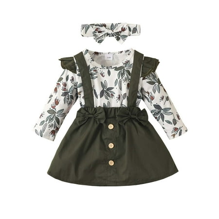 

FRSASU Clearance Infant Toddler Baby Girls Leaf Print Long-sleeved Romper Bow Suspender Skirt Three-piece Set Army Green 12-18 Months
