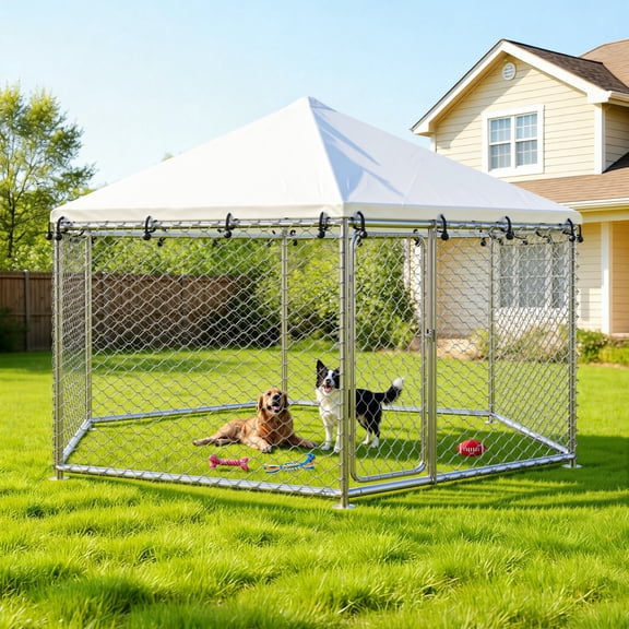 Ironovahome 12.5'x12.5' Large Outdoor Dog Kennel, with UV-Resistant Waterproof Canopy & Secure Lock, Galvanized Steel Metal Dog Run Pet Enclosure