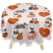 SKYSONIC Corgi Dogs Hearts Round Tablecloth 60inch with Lace Indoor Wrinkle Free, Valentine's Puppy Circular Table Cover Washable Farmhouse Tabletop for Kitchen Dining Decor