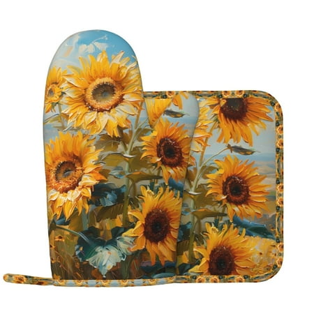 

Sunflower Field Art Oven Mitts and Pot Holders Sets Heat Resistant Silicone Oven Mitts Pot Holders for Kitchen Cooking Baking Non-Slip Oven Gloves Hot Pads Potholders