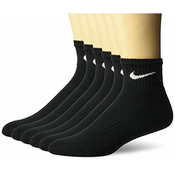 NIKE Unisex Performance Cushion Quarter Socks with Band (6 Pairs), Black/White, Medium