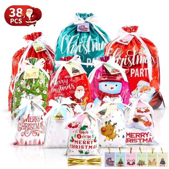 HiberyHom 38Pcs Christmas Giant Gift Bags, Jumbo Christmas Bags for Gifts, Xmas Large Plastic Gift Bags, Assorted Gift Bags Different Sizes