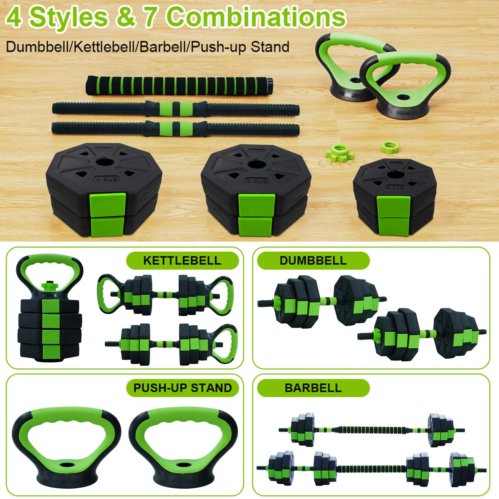 4 in 1 Adjustable Dumbbell Set 44 LBS Free Weights Set Used as Dumbbell,Barbell,Kettlebell and Push-up, Home Gym Fitness Workout Equipment for Men Women