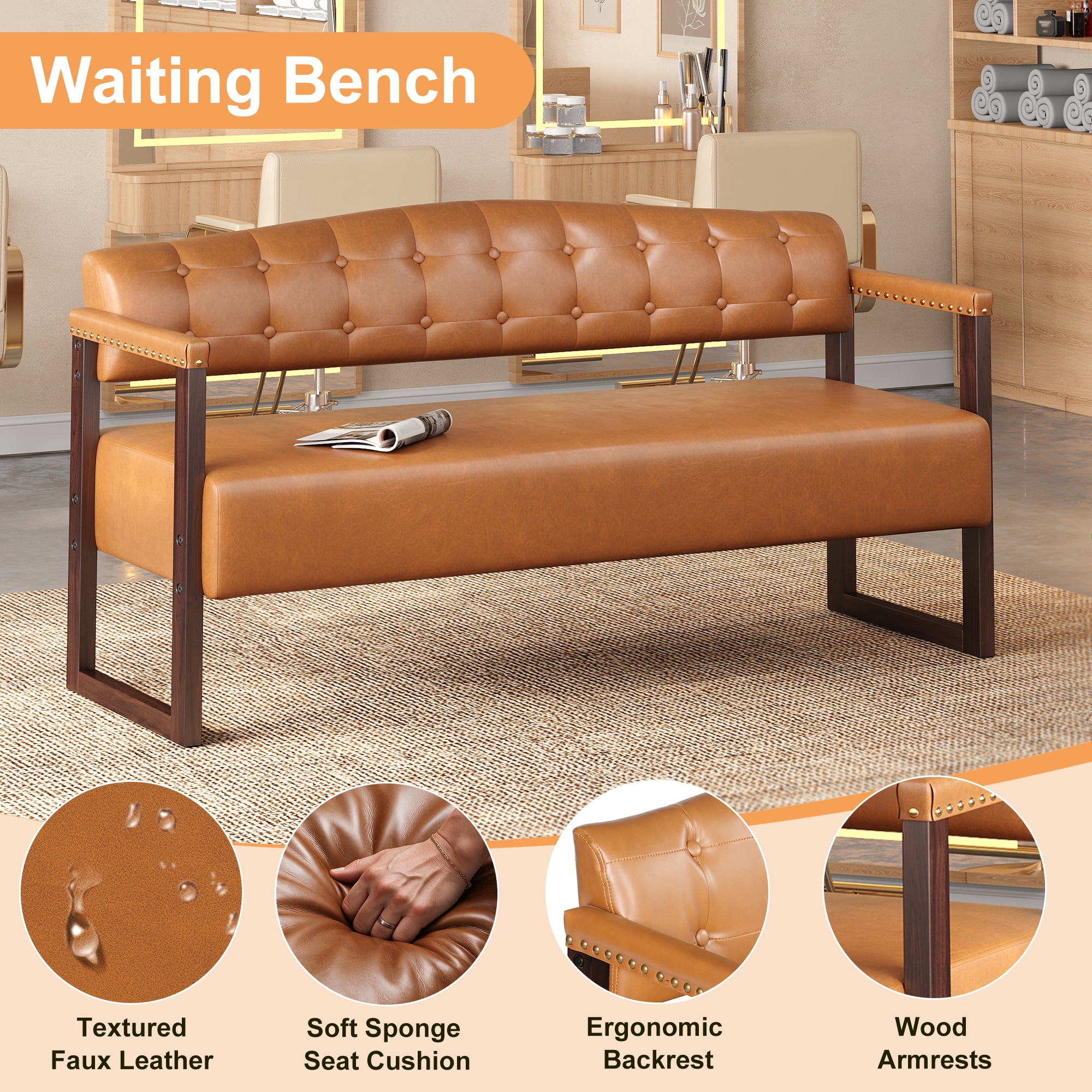 AISWORD 2-Piece Faux Leather Bench Set,57.83" Upholstered Entryway Sofa Bench with Tufted Backrest & Nailhead Trim