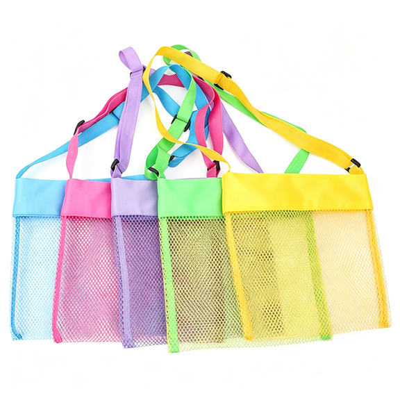 AOMRCOL 5-Pcs Colorful Mesh Beach Bags Sand Away Portable Foldable Sea Shell Bag with Adjustable Carrying Straps/Toy Storage Bag [Yellow, Rose, Purple, Green, Blue] Set of 5 Beach Bags