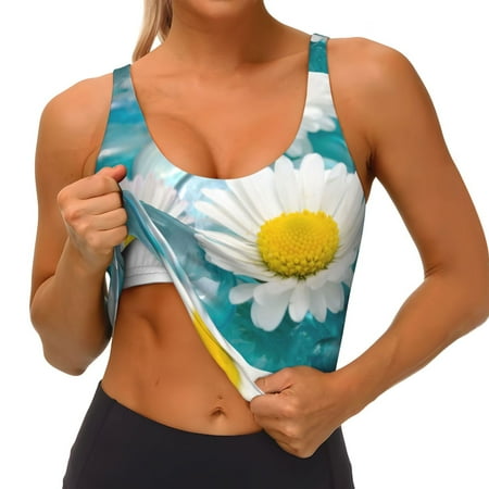 Qokaie Daisy Flowers Pattern Womens Scoop Neck Sports Bra Breathable Workout Vest Padded U Back Medium Impact Fitness Gym Yoga Bra Workout Crop Top