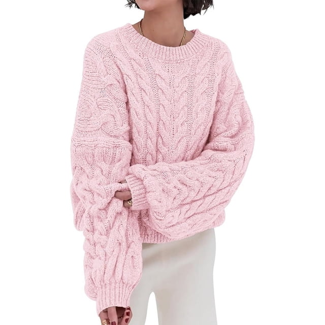Suéteres de Mujer de Otoño, de Punto , de Larga, Cuello Redondo, Suéteres Holgados y Gruesos. Rosa L