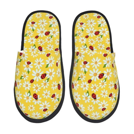 Balery Chamomile And Ladybug Slient Indoor Furry Fleece Comfort House Shoes Soft Non-Slip Home Shoes Cotton slippers House Slippers-- Large