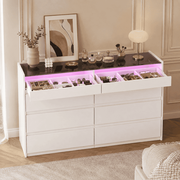 47.2" W 8 Drawers Closet Island Dresser with Glass Top & LED Lights, Storage Dresser with Jewelry Storage On Top for Bedroom, Living Room, White