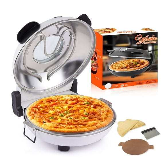 YIBAKE 12’’ Electric Pizza Oven Indoor Countertop Oven Pizza Maker 1200W 5-Min Crisp Dual Knob Control White