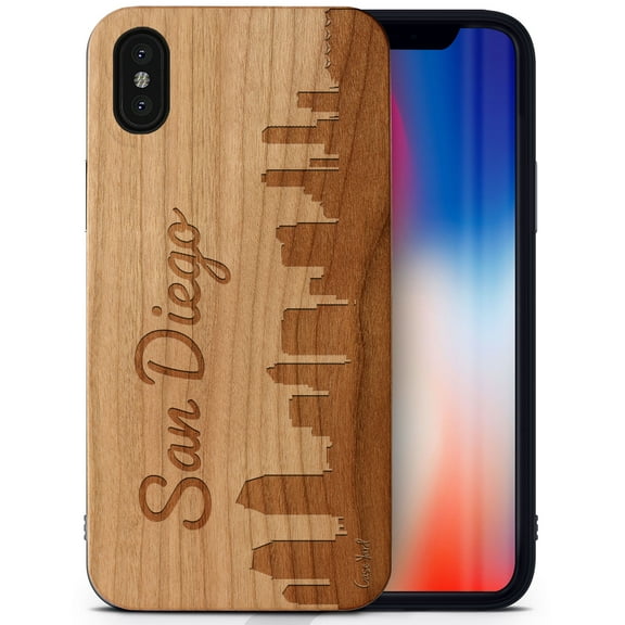 Case Yard Wooden Case Outside Soft TPU Silicone, Slim Fit Shockproof Wood Protective Phone Cover for Girls Boys Men and Women, Supports Wireless Charging Skyline San Diego Design case for iPhone-X
