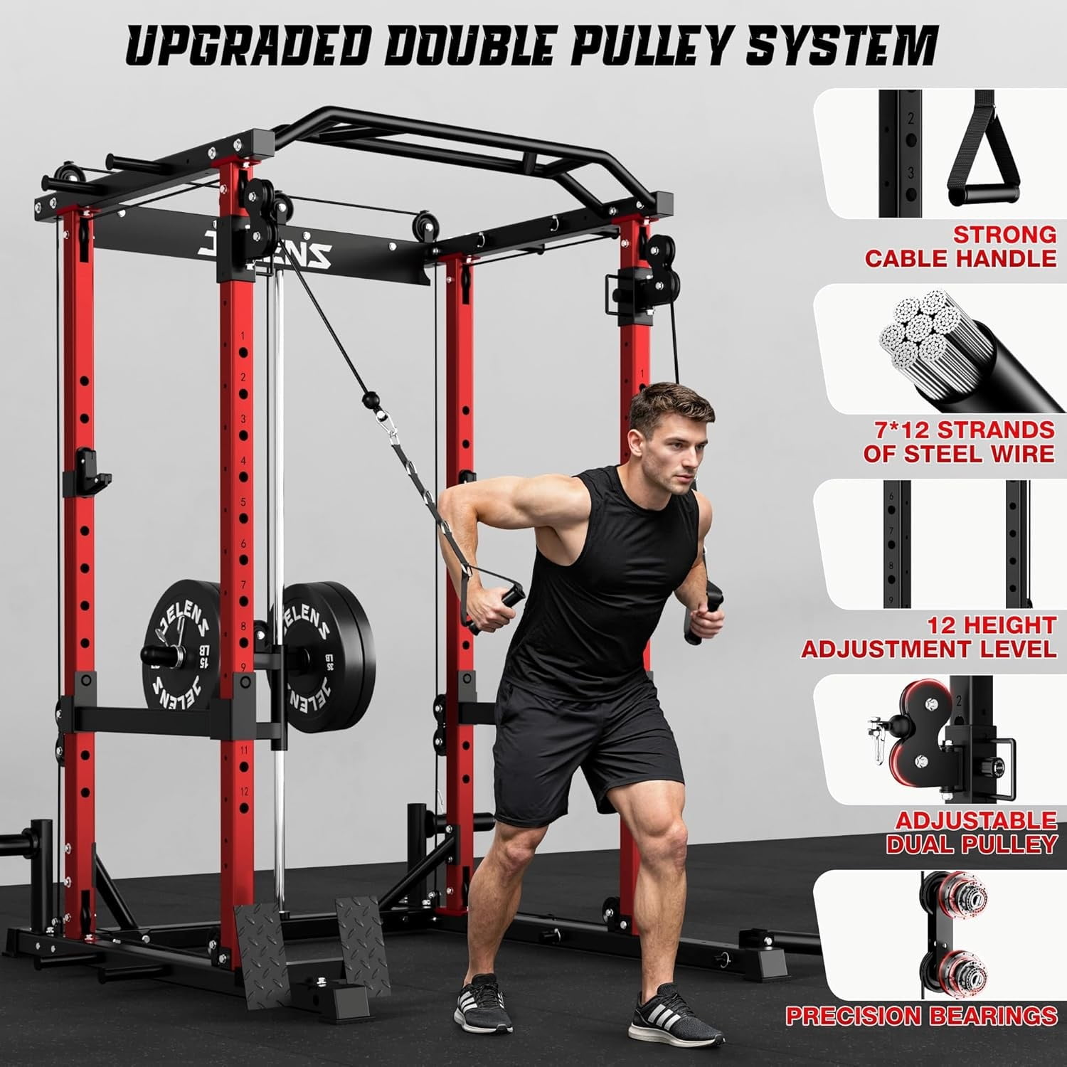 Squat Rack for Home Gym, 2000LBS Power Rack with Adjustable Pulley System, Power Cage Workout Equipment with LAT Pulldown and Training Attachment