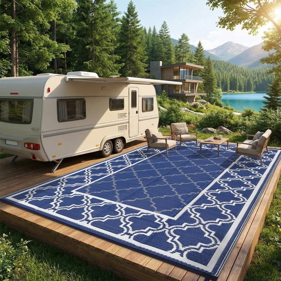 Reversible Patio Mat – Waterproof Plastic Straw – Modern Trellis Design – UV Resistant, Foldable & Machine Washable – Camping, Deck, Porch, Balcony & RV – 8x10ft, Navy Blue/White, USA Spec