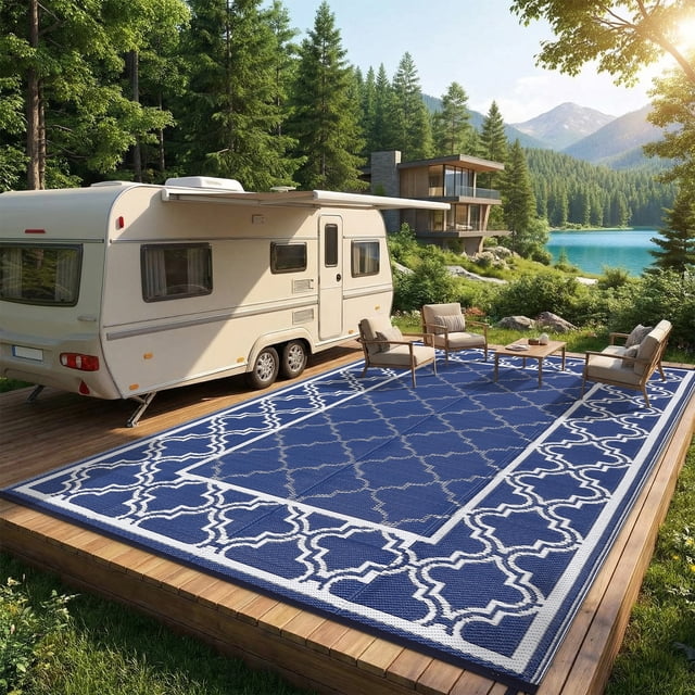 Reversible Patio Mat – Waterproof Plastic Straw – Washable, Non-Shedding & UV Resistant – Porch, Deck, Balcony, Backyard, Camping & RV – Outdoor Rug