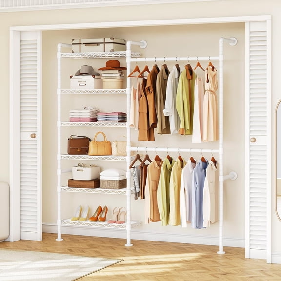 H2 Wall Mounted Clothing Rack, Expandable Industrial Pipe Clothes Rack Garment Racks for Hanging Clothes, Heavy Duty Closet Organizers and Storage in Closet System, White