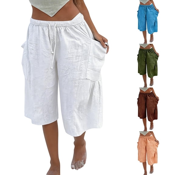 Women's Loose Fit Wide Leg Pants Summer Cotton Linen Casual Five Quarter Pants Elastic Waist with Drawstring Trouses by Yigetop Brown L