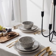 (3 pack) Thyme & Table TT0061 Dinnerware Black & White Medallion Stoneware, 12 Piece Set
