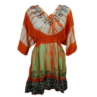 Mogul Womens Summer Dress Tie Dye Rayon Embroidered Orange Hippie Chic Dresses
