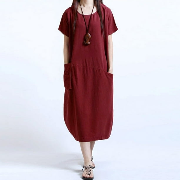 Women Casual Loose Dress Solid Color Short Sleeve Pocket Summer Vintage  Midi Long Dress Plus Size 