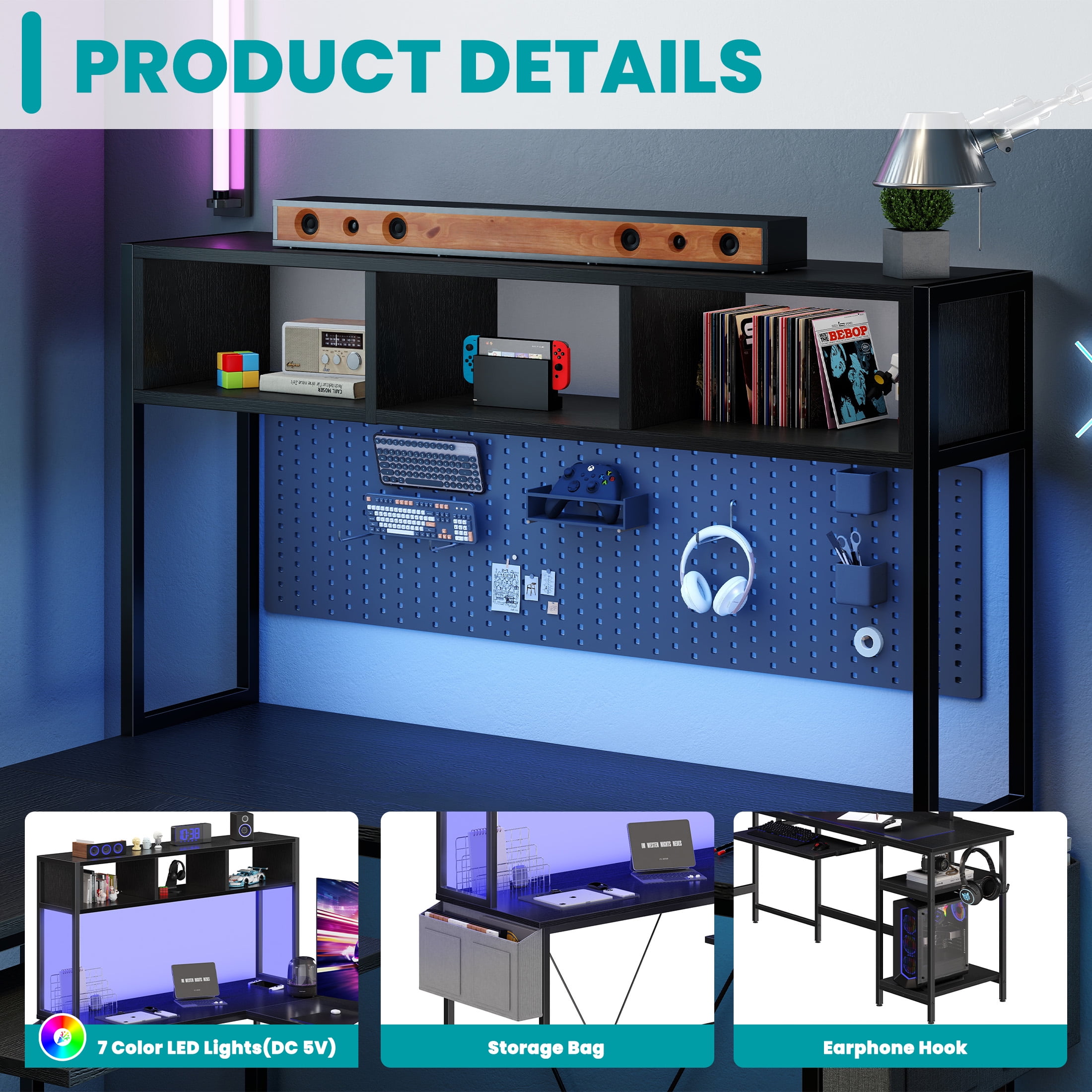 EDX 67'' L Shaped Computer Desk with LED Light, Shelf & Storage Bag & Keyboard Tray Corner Desk, Black