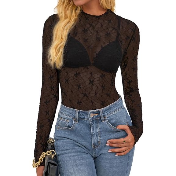 FreshPretty Lace Tops for Women See Through Mesh Top Crew Neck Long Sleeve Fitted Sheer Party Club Outfits Fall Fashion
