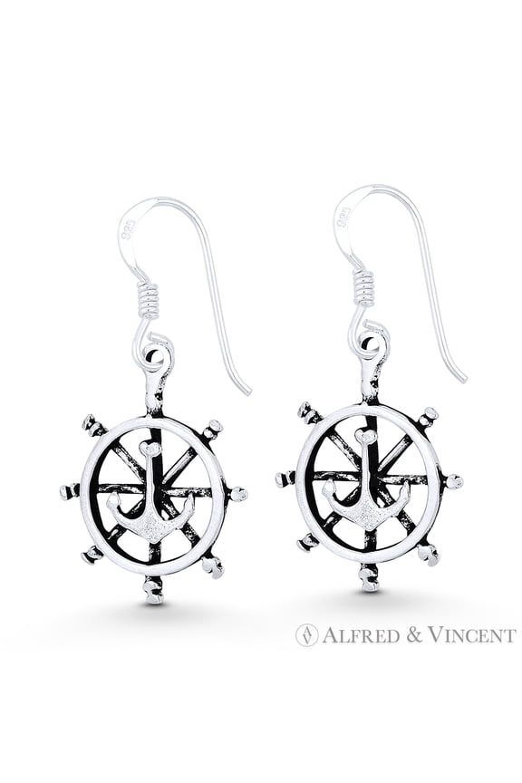Ship's Helm / Sailor's Wheel Nautical Charm Dangling Hook Earrings in Oxidized .925 Sterling Silver