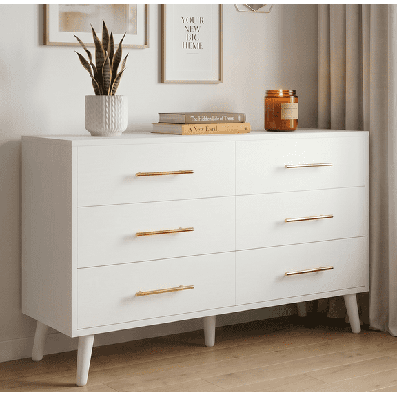 Dresser for Bedroom, Asofer 6-Drawer White Dresser with Metal Handle, Chest of Drawers for Living Room