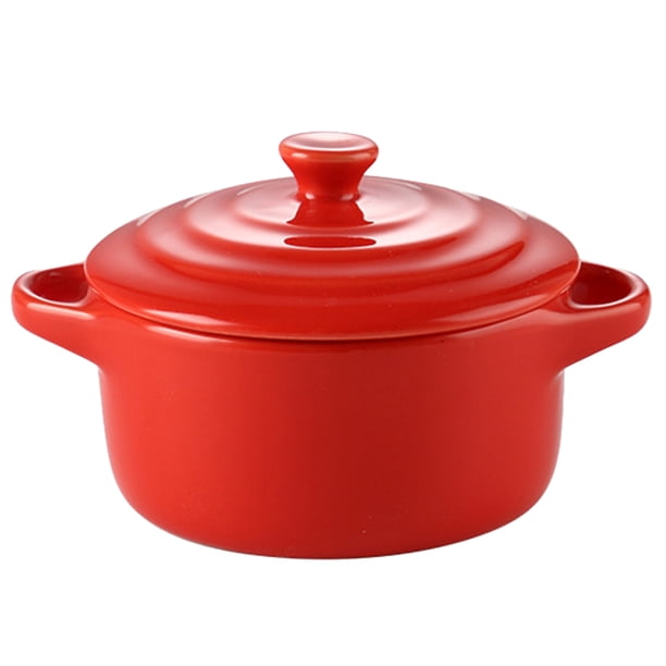 Cuenco para estofado de cerámica con doble asa de 230 ml para cocina casera con tapa compatible con horno microondas (rojo)