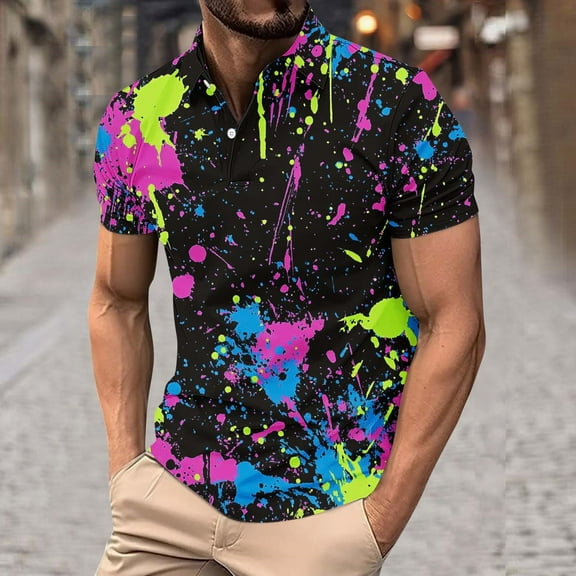 Tops for Men under $5 Short Sleeve Lapel Collar Button-Up Watercolor Print Shirt Breathable Shirt Multicolor XL