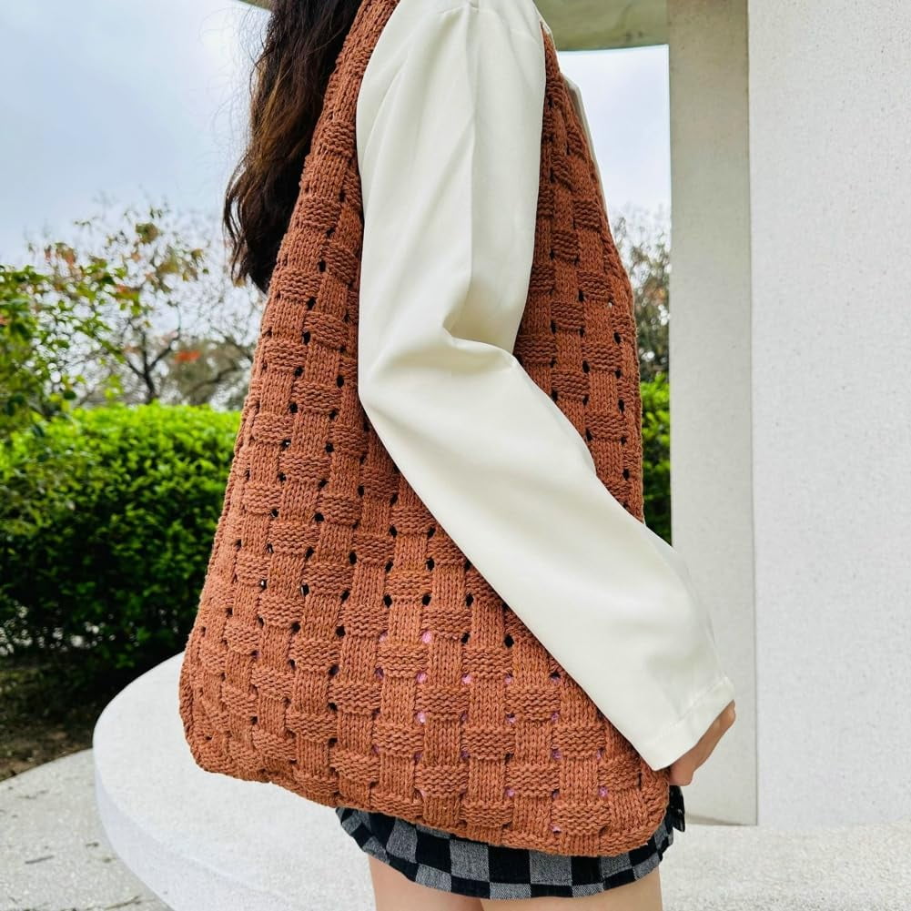 Kukuzhu Crochet Beach Tote Bag for Women Knit Shoulder Bag Aesthetic Knit Bag Woven Hobo Bag Hollow Summer Bag