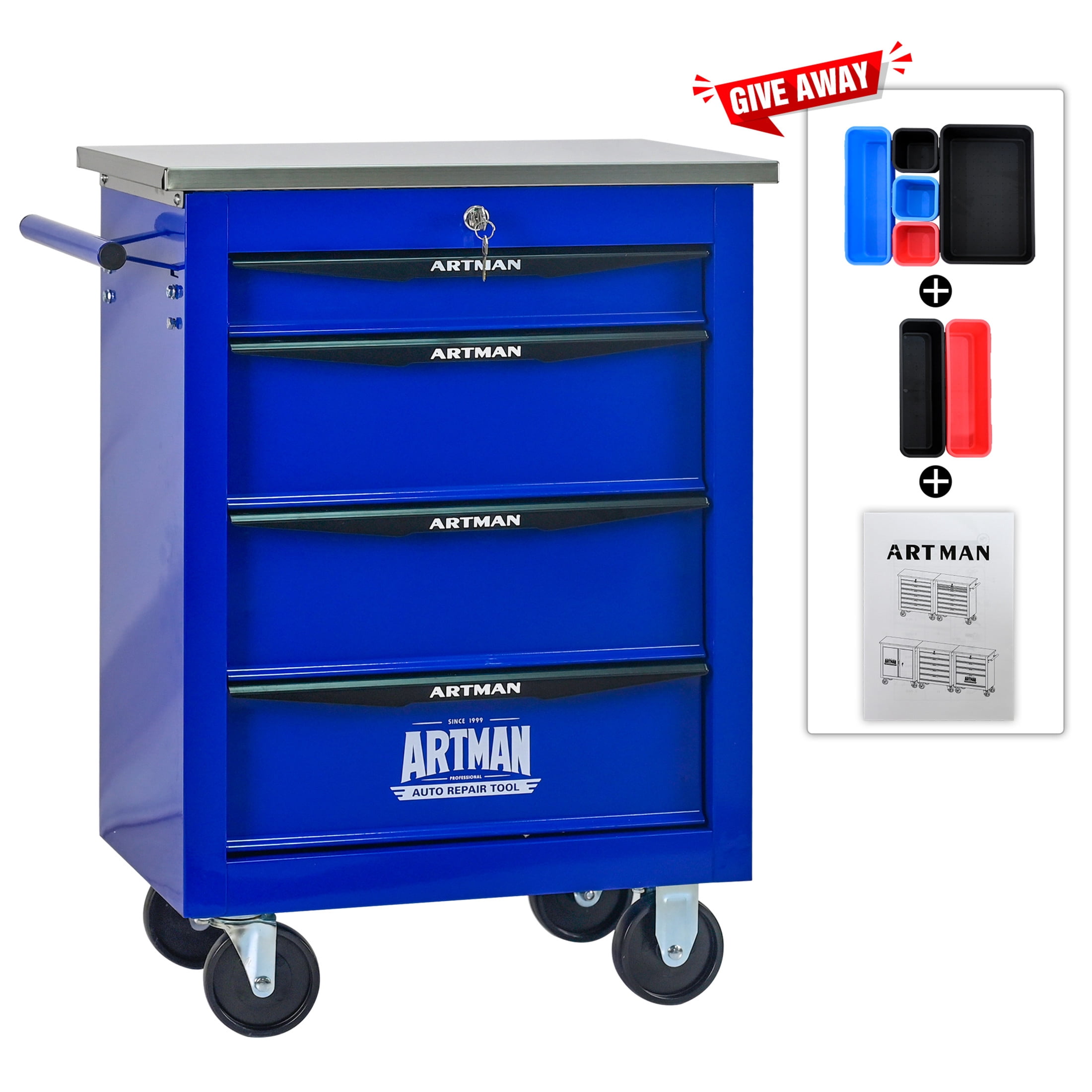 Noble House 4-Drawer Rolling Tool Organizer Cart, Steel Mobile Chest Storage with Worktop for Garage Workshop, Blue