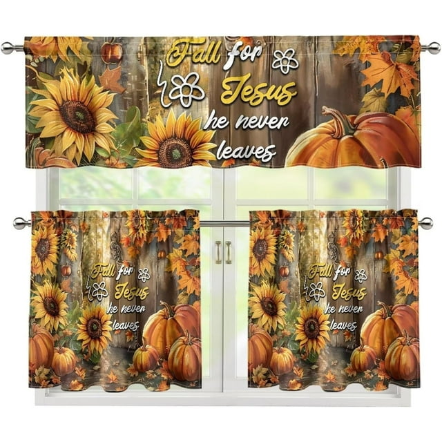 Sunflowers Pumpkin Kitchen Curtains Tiers and Valances Set, Rod Pocket Valance Short Window Treatment Decor Curtains, 3 Pieces Set Valance Curtains for Kitchen Windows