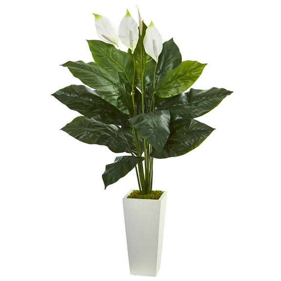 Nearly Natural 51" Plastic and Polyester Green Spathiphyllum Artificial Plant in White Planter