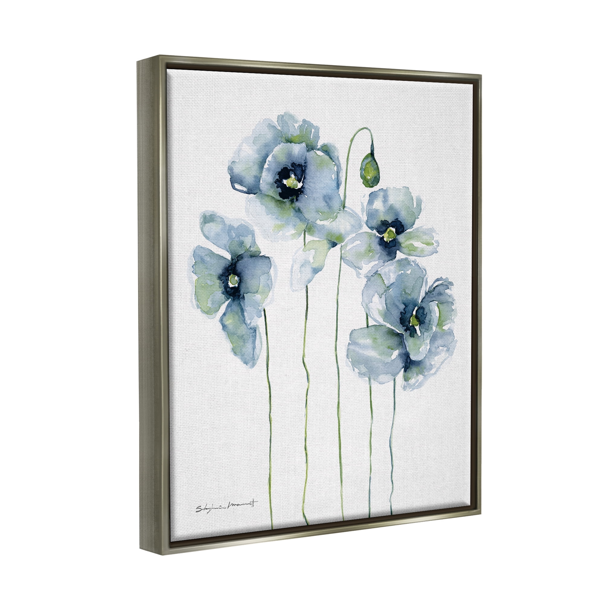 Stupell Modern Poppy Blooms Blue Abstract Botanical & Floral Painting Gray Floater Framed Art Print Wall Art