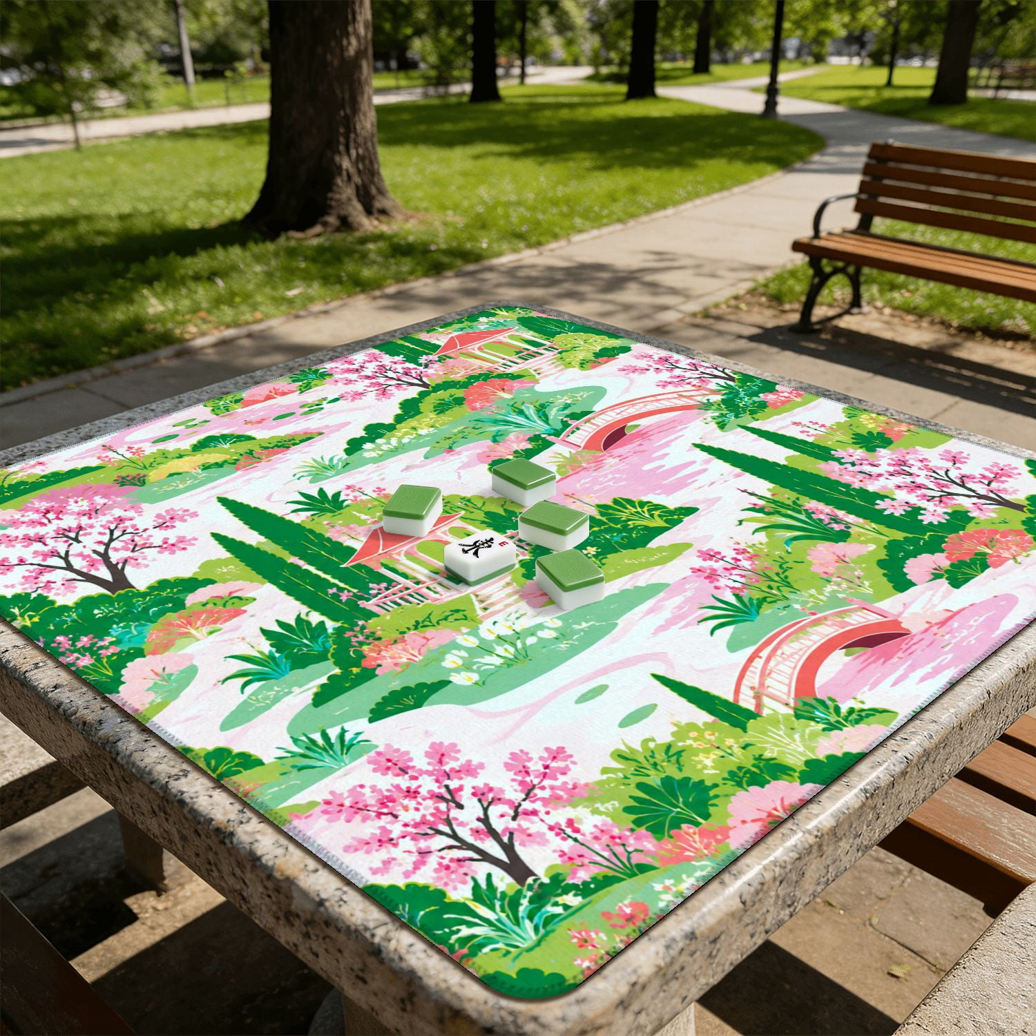 Mahjong Mat 31.5" x 31.5" Pink Tropical Palm Hibiscus Non-Slip Noise Reduction American Mahjong Tiles Table Cover for Dominoes Poker Card Board Games Gift