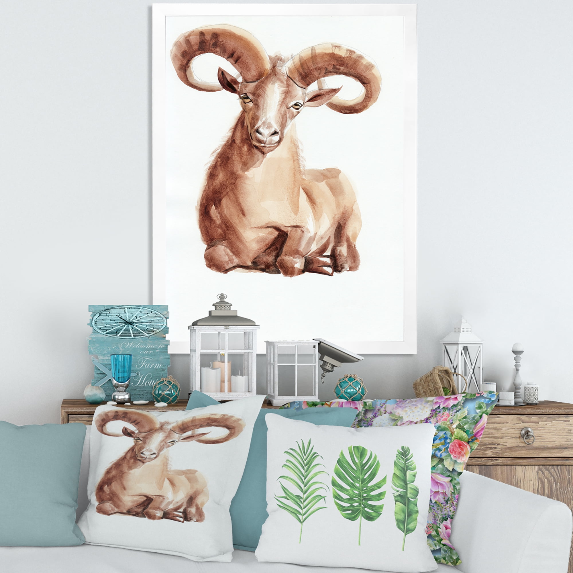 Designart 'Abstract Portrait of Wild Ram With Mighty Horns II' Farmhouse Framed Art Print