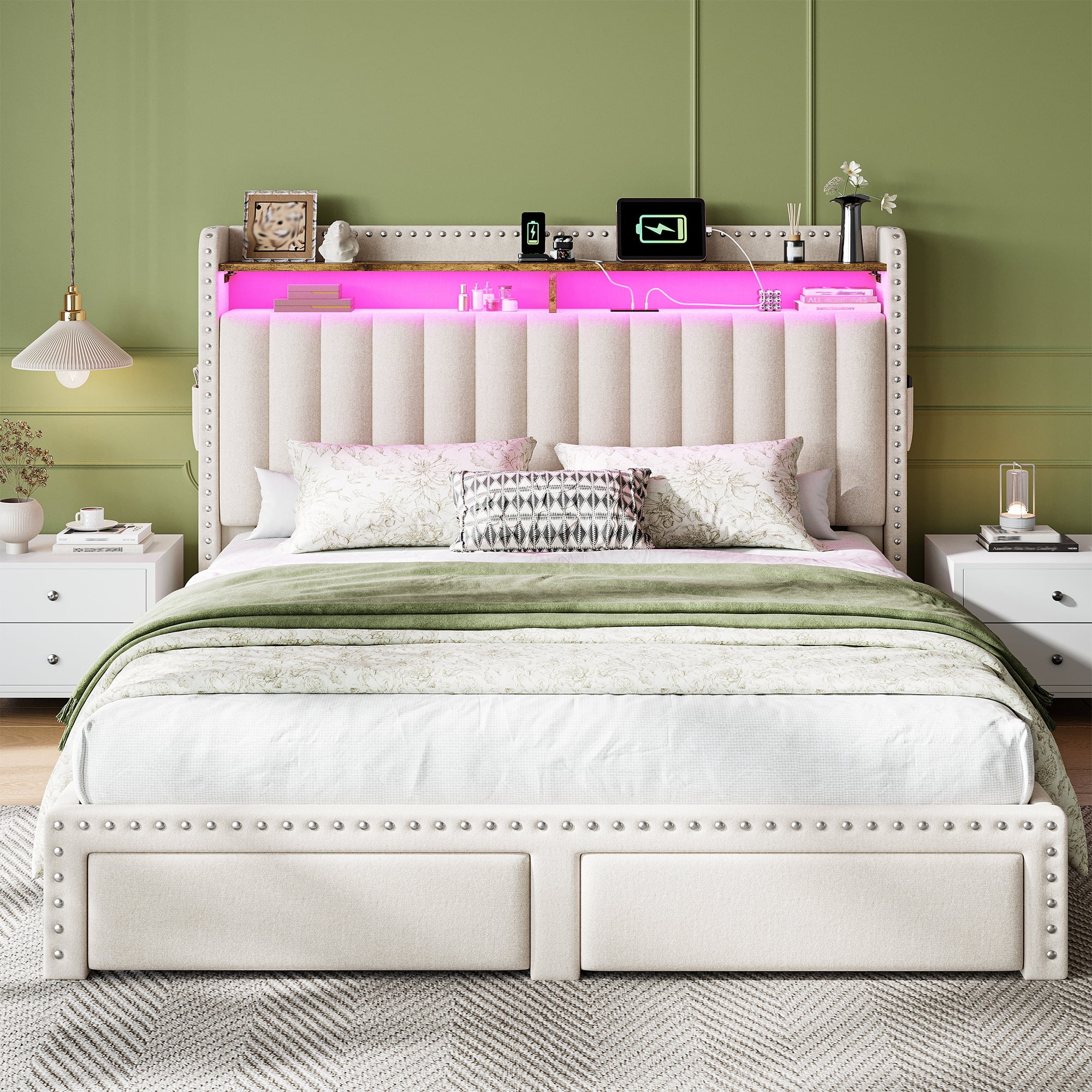 Queen Size Bed Frame with 2 Storage Drawers Upholstered Bed Frame with 2-Tier Storage Headboard & Charge Station & LED Light,Beige