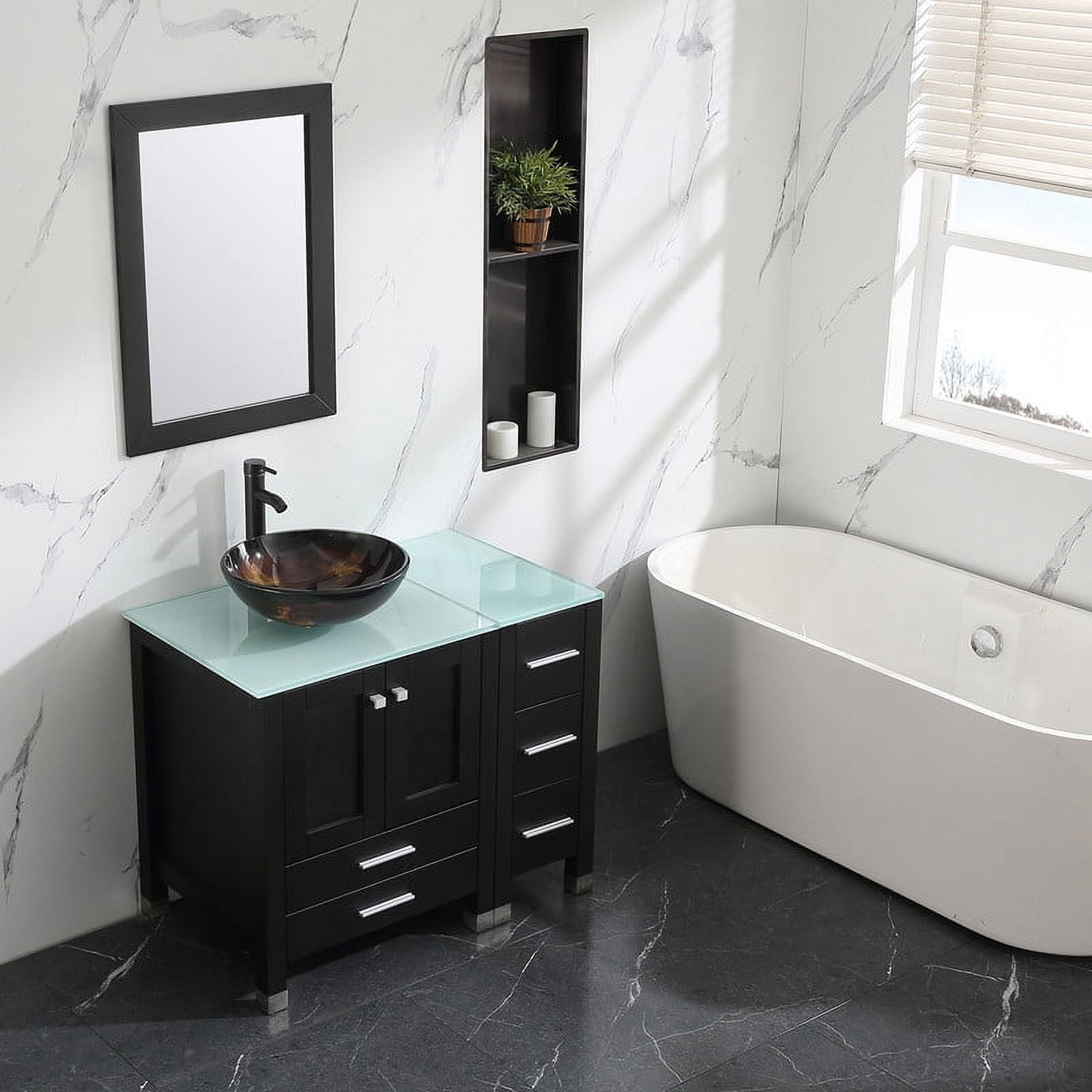 Walsport 36" Luxurious Wood Bathroom Vanity Cabinet Round Tempered Glass Vessel Sink Bowl ORB Faucet Drain Combo Design with Mirror Modern Vanities Set,Black