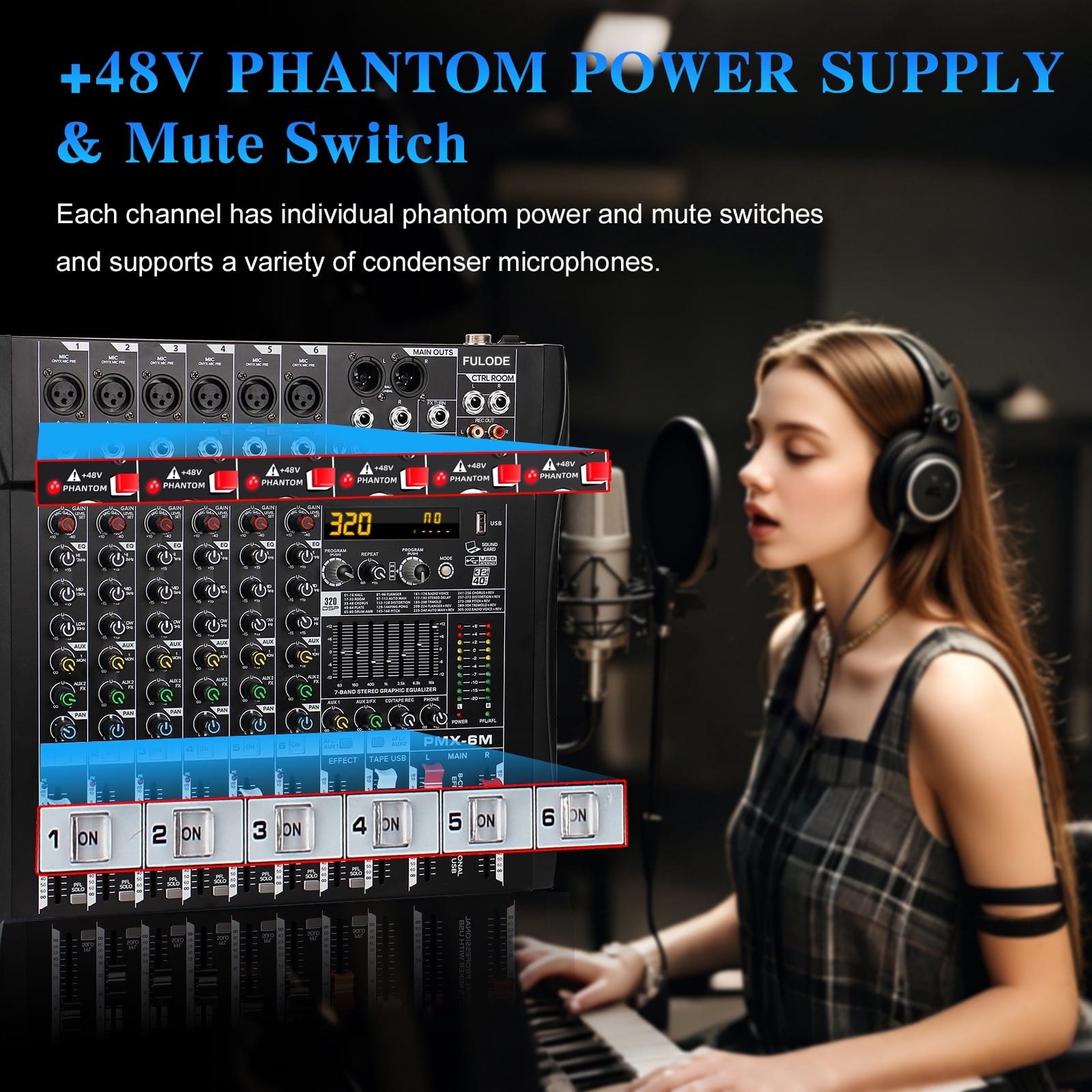 Audio Mixer 6 Channel Professional Mixer Console with 320 DSP Effects, 7-band EQ Sound Mixing Board Digital DJ Mixer w/USB Bluetooth MP3 for Recording, Independent 48V Power & Mute Button