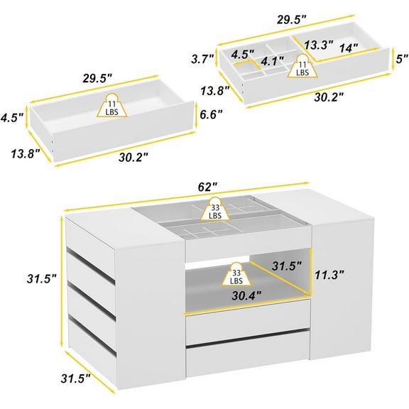 White Armoire Bedroom Island with Glass Top & Display Shelf, 14-Drawer Wardrobe Closet for Bedroom, Living Room, Salon